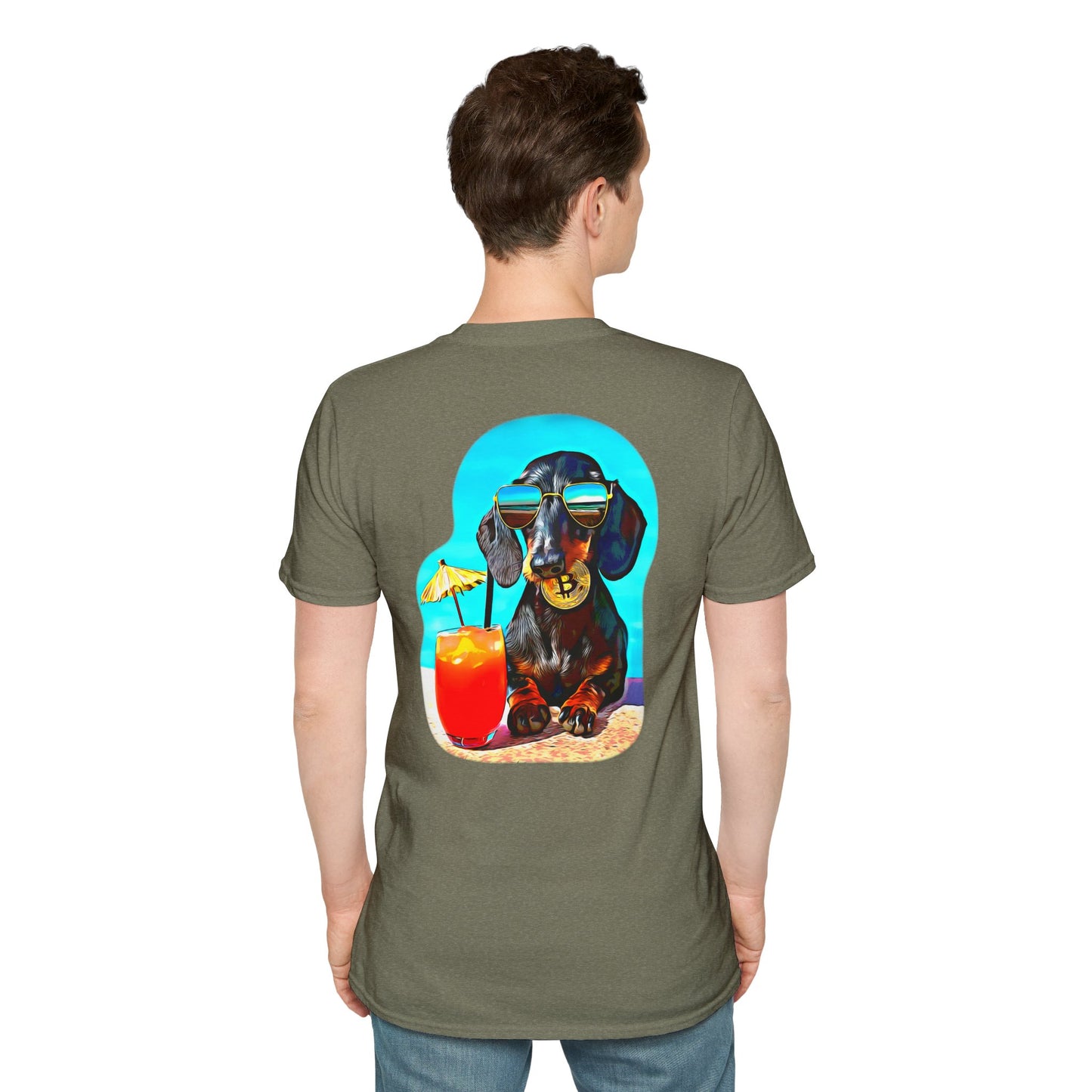 Bitcoin Dachshund Chillin Poolside T-Shirt - Pocket & Large Back Print
