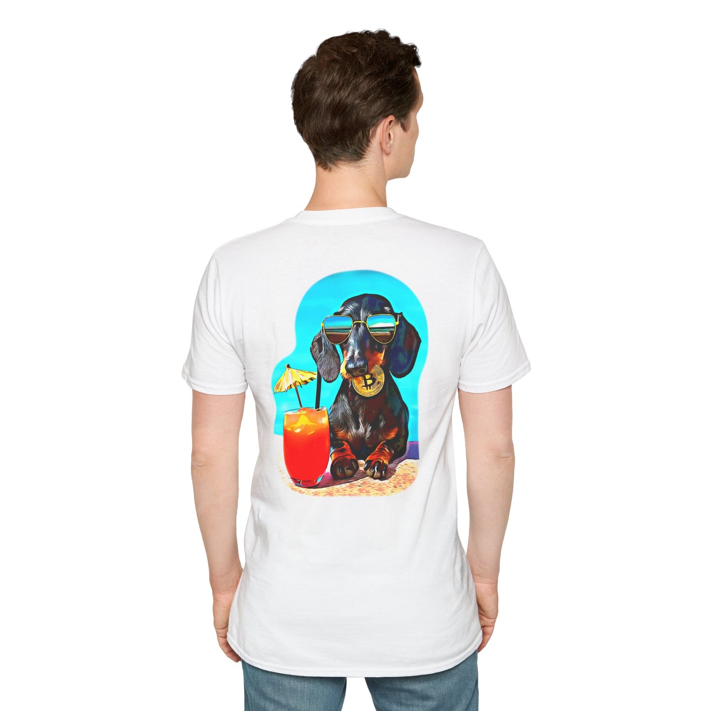Bitcoin Dachshund Chillin Poolside T-Shirt - Pocket & Large Back Print