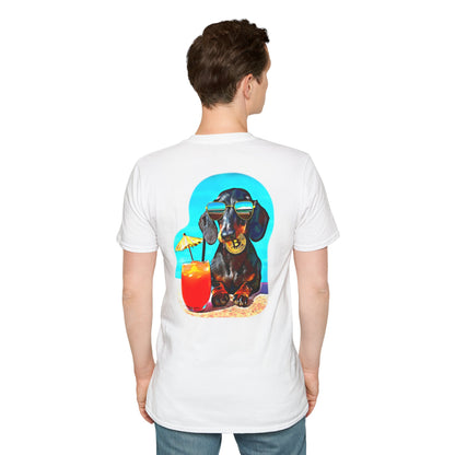 Bitcoin Dachshund Chillin Poolside T-Shirt - Pocket & Large Back Print