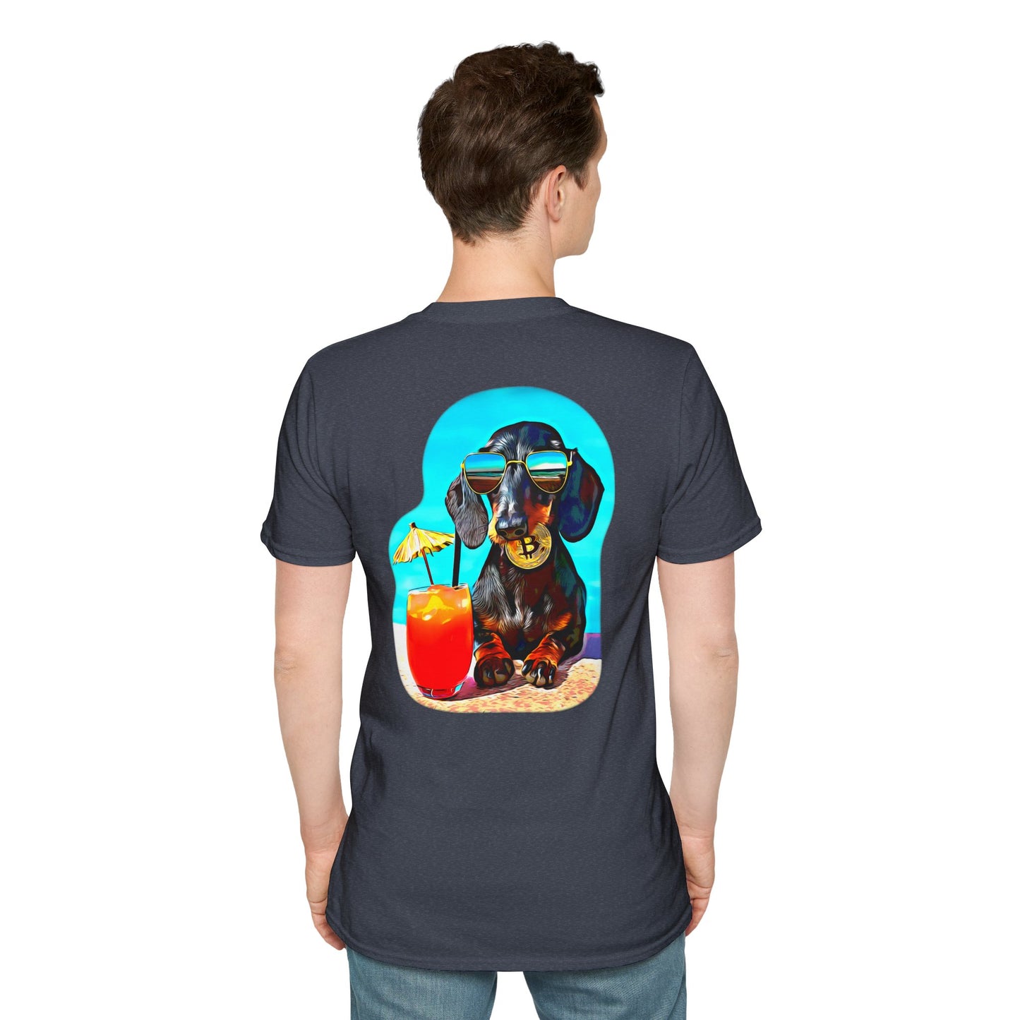 Bitcoin Dachshund Chillin Poolside T-Shirt - Pocket & Large Back Print