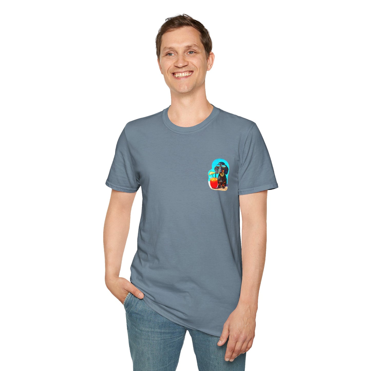 Bitcoin Dachshund Chillin Poolside T-Shirt - Pocket & Large Back Print
