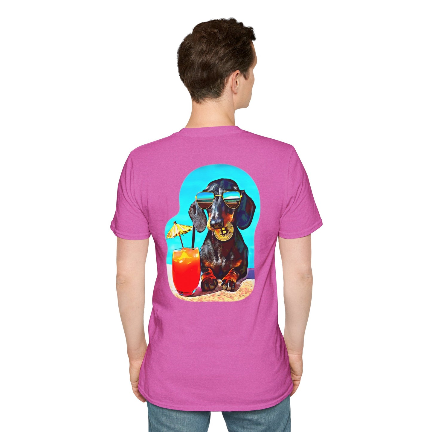 Bitcoin Dachshund Chillin Poolside T-Shirt - Pocket & Large Back Print