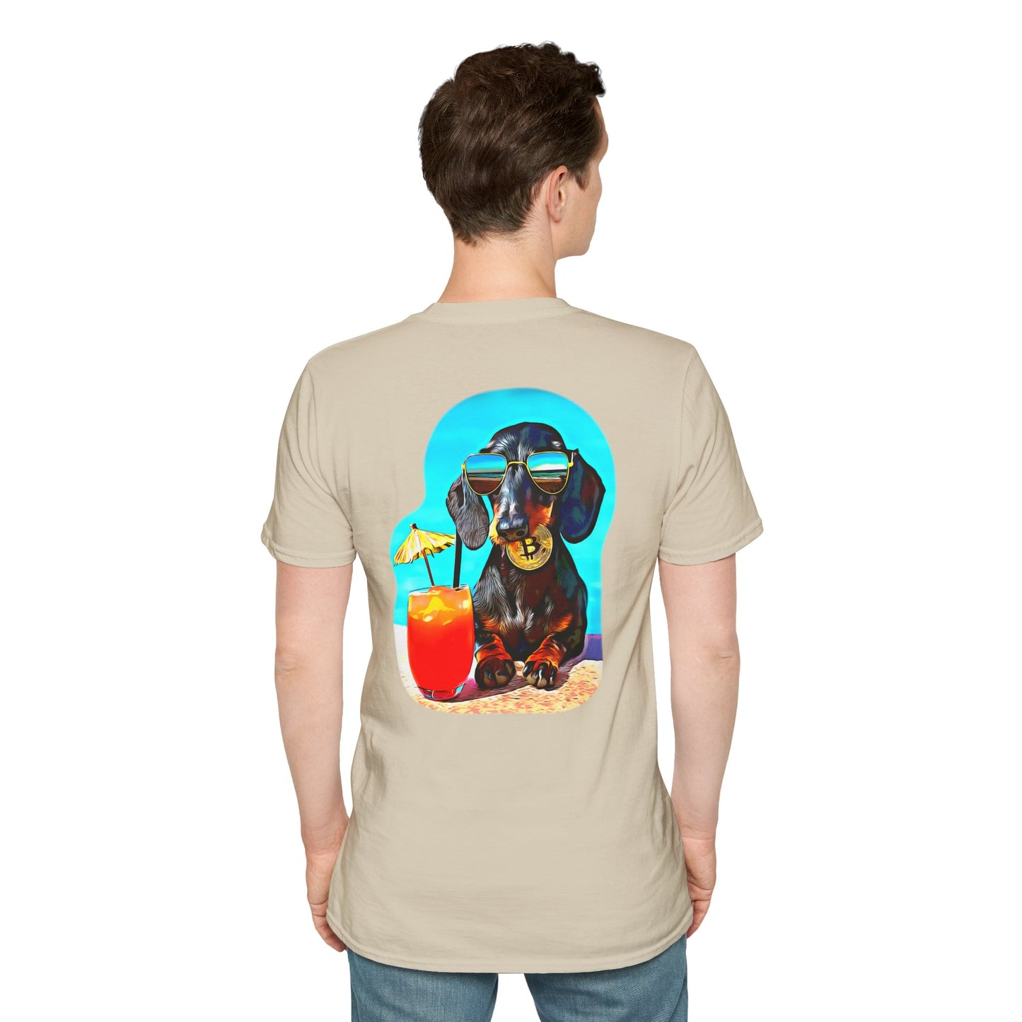Bitcoin Dachshund Chillin Poolside T-Shirt - Pocket & Large Back Print