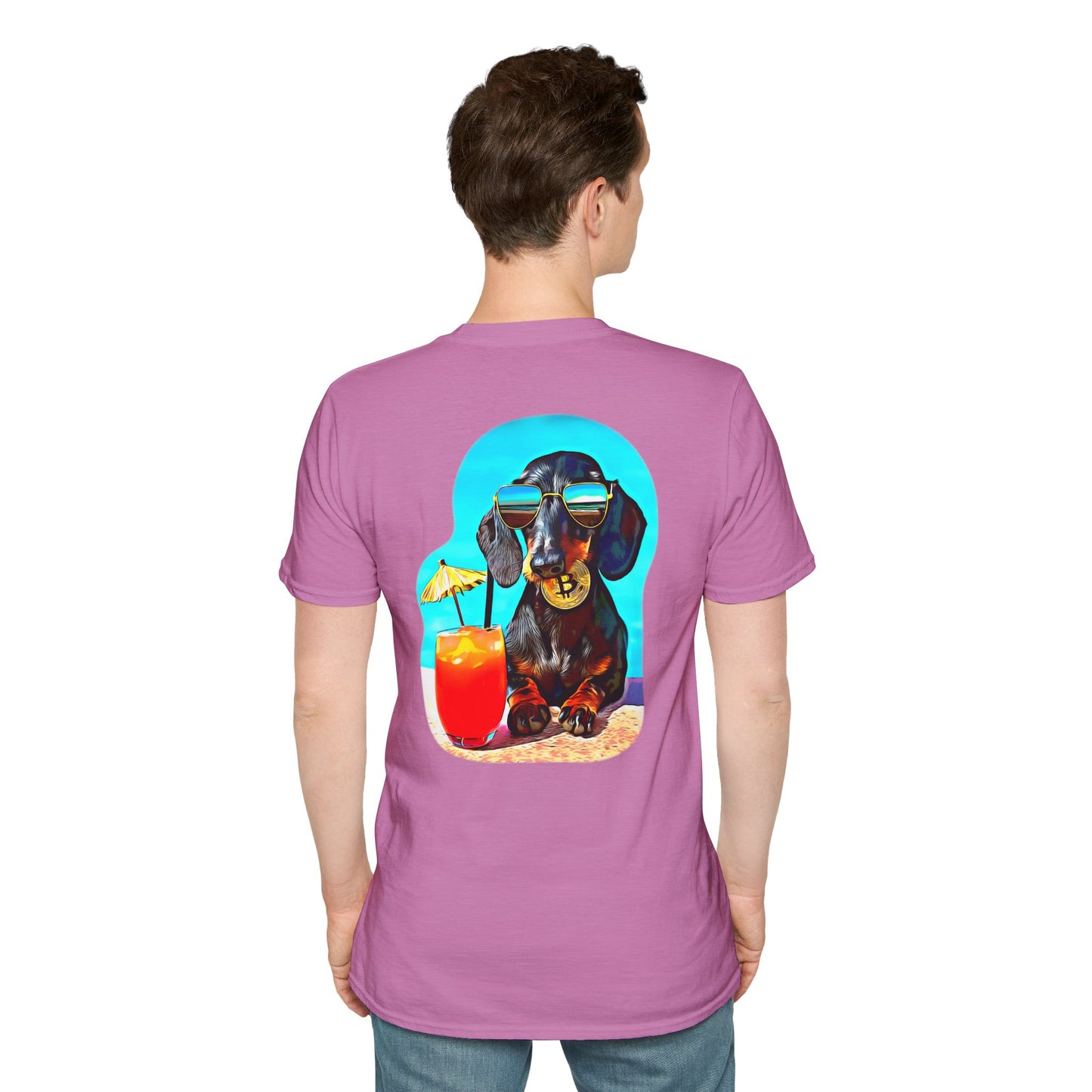 Bitcoin Dachshund Chillin Poolside T-Shirt - Pocket & Large Back Print