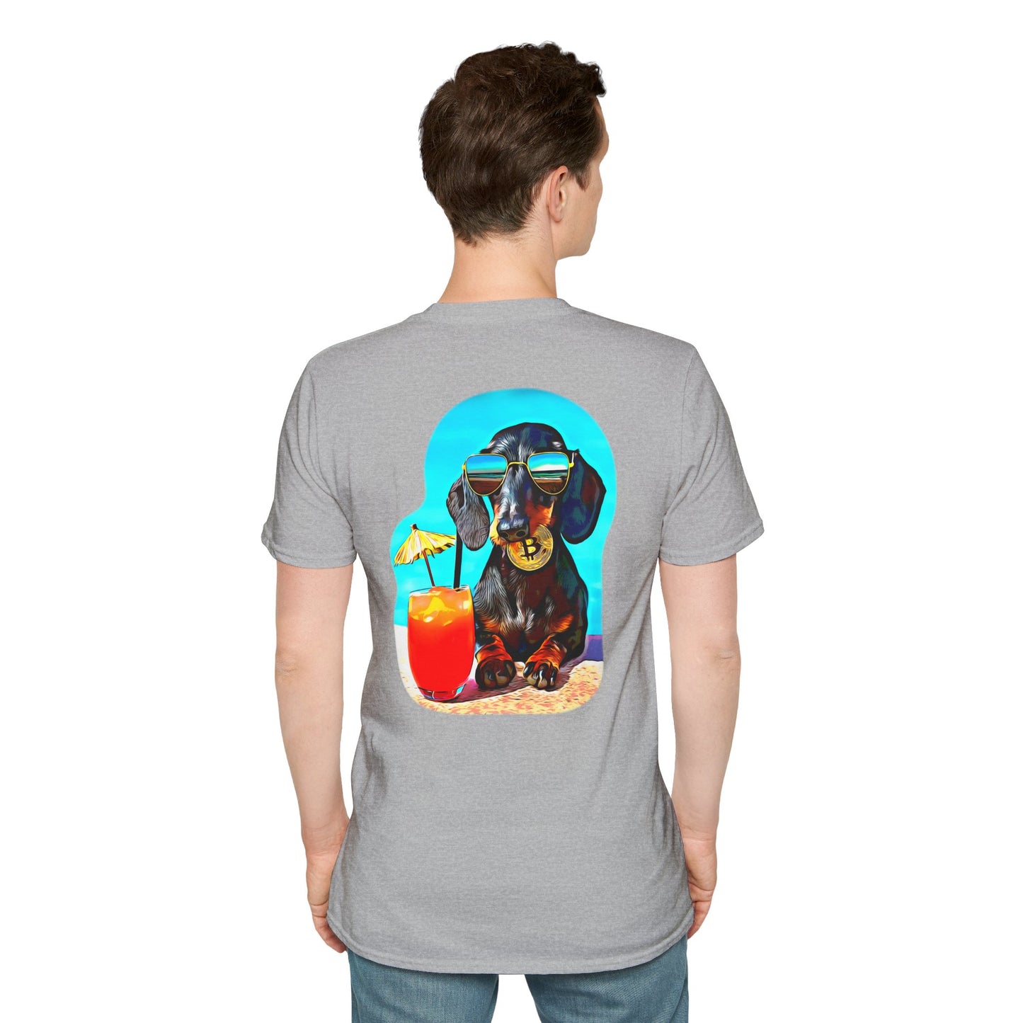 Bitcoin Dachshund Chillin Poolside T-Shirt - Pocket & Large Back Print