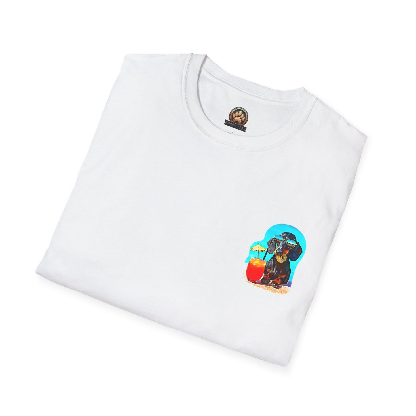Bitcoin Dachshund Chillin Poolside T-Shirt - Pocket & Large Back Print