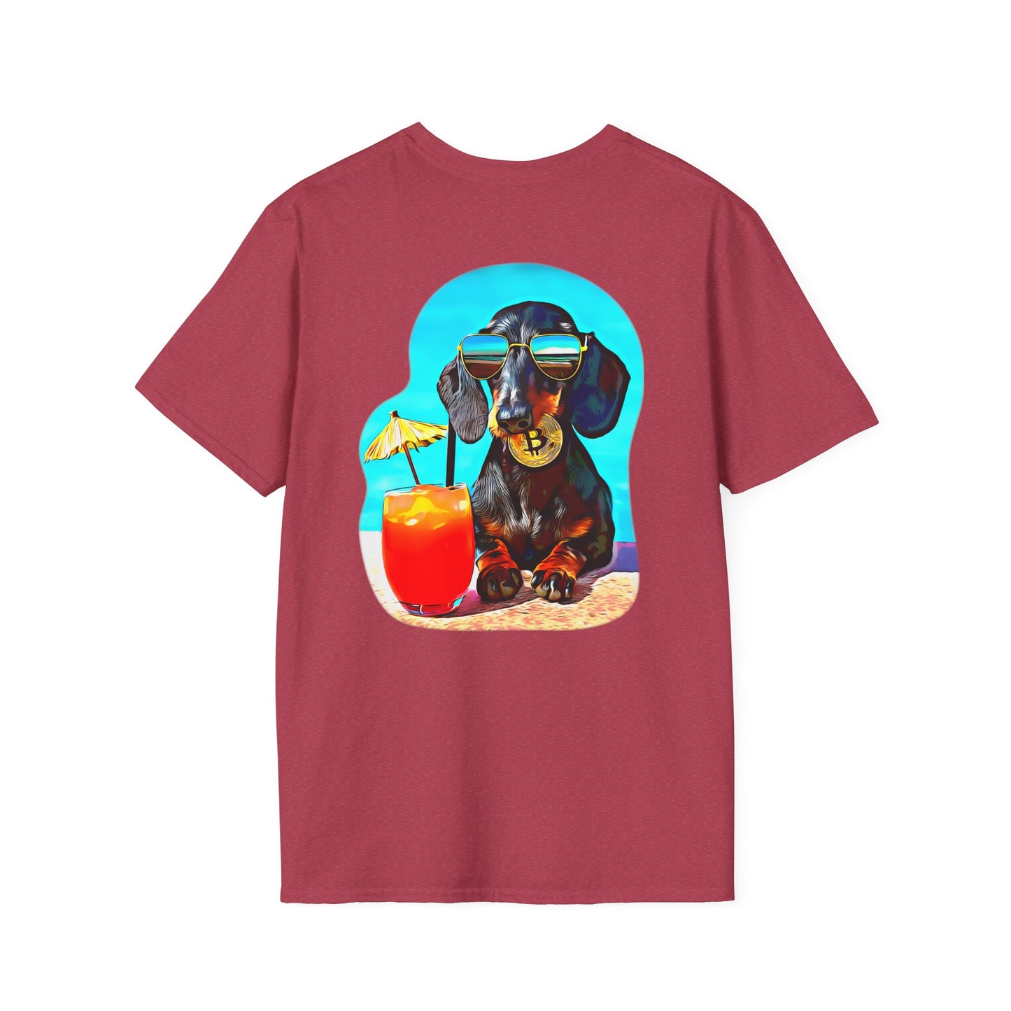 Bitcoin Dachshund Chillin Poolside T-Shirt - Pocket & Large Back Print