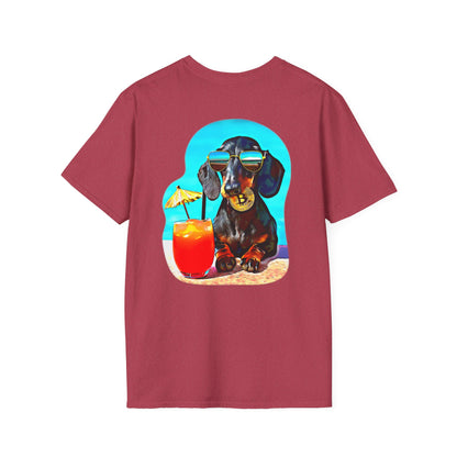 Bitcoin Dachshund Chillin Poolside T-Shirt - Pocket & Large Back Print