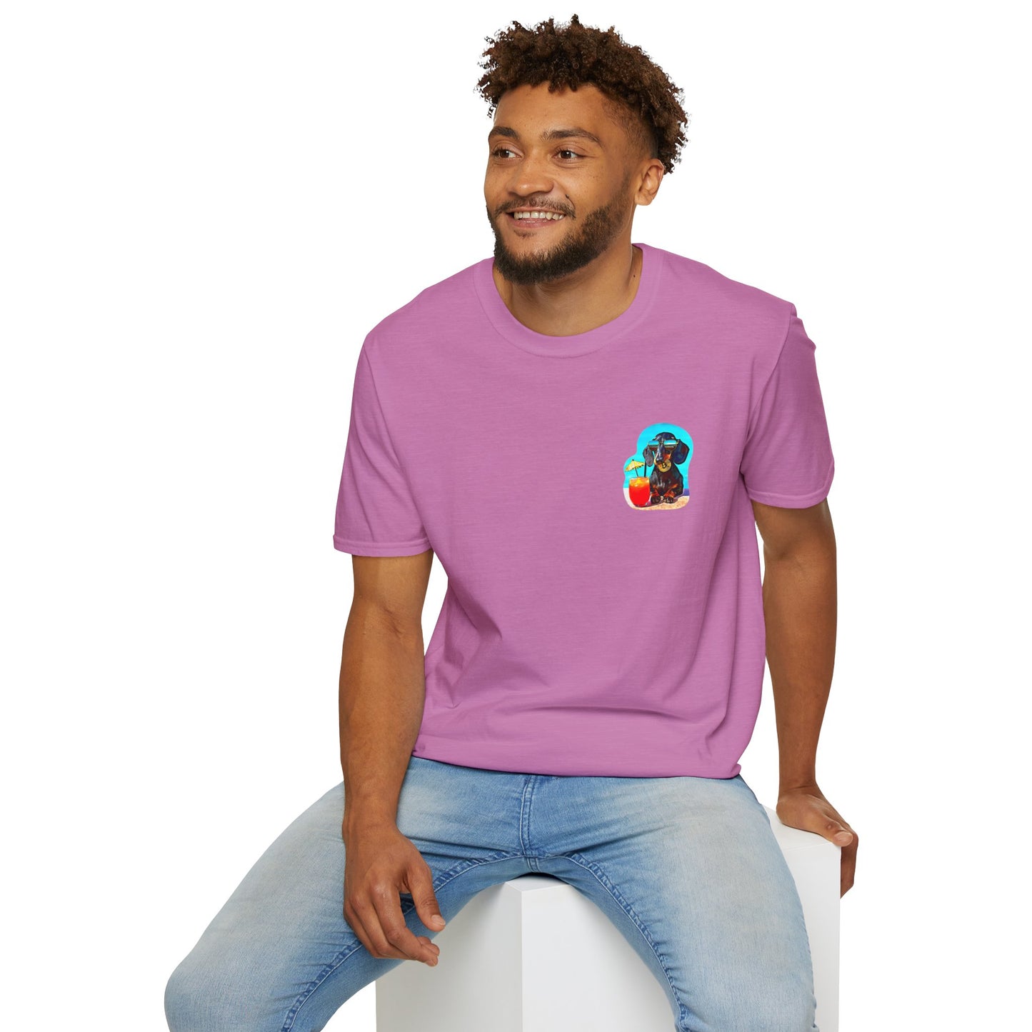 Bitcoin Dachshund Chillin Poolside T-Shirt - Pocket & Large Back Print