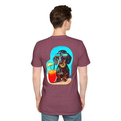 Bitcoin Dachshund Chillin Poolside T-Shirt - Pocket & Large Back Print