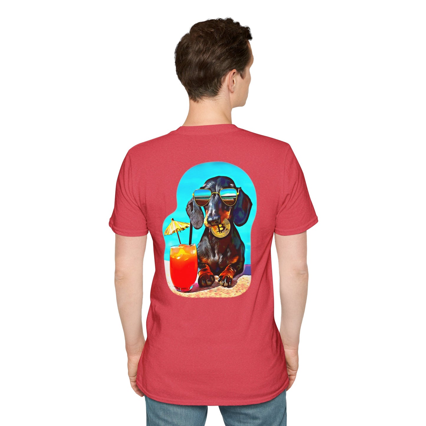 Bitcoin Dachshund Chillin Poolside T-Shirt - Pocket & Large Back Print