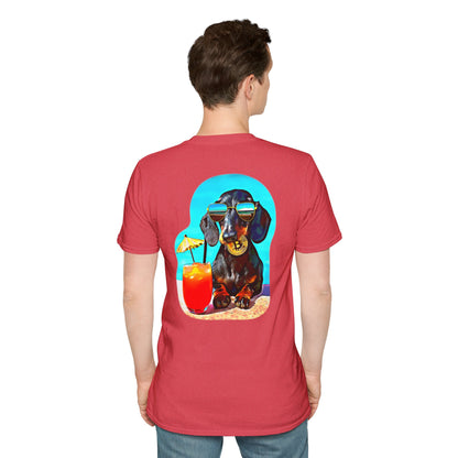 Bitcoin Dachshund Chillin Poolside T-Shirt - Pocket & Large Back Print