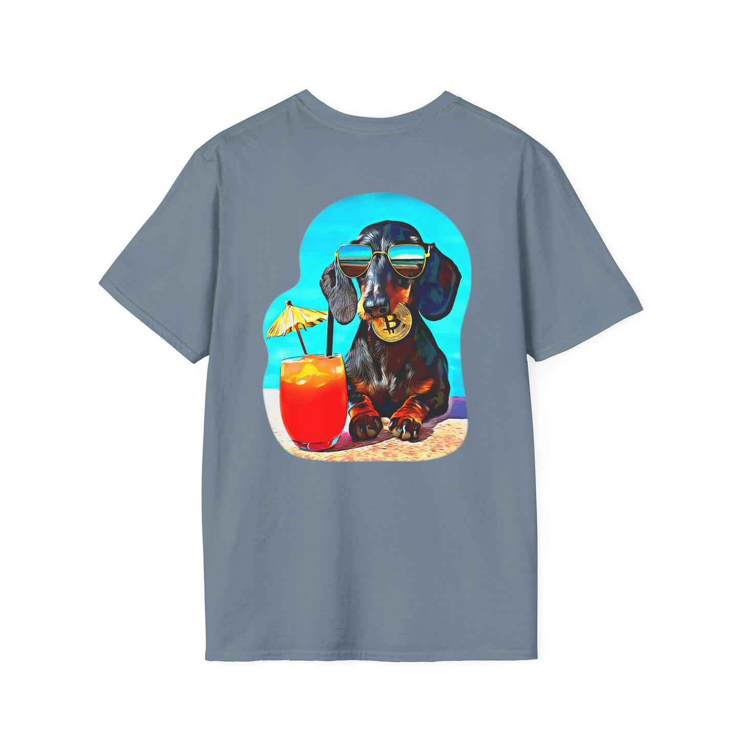 Bitcoin Dachshund Chillin Poolside T-Shirt - Pocket & Large Back Print