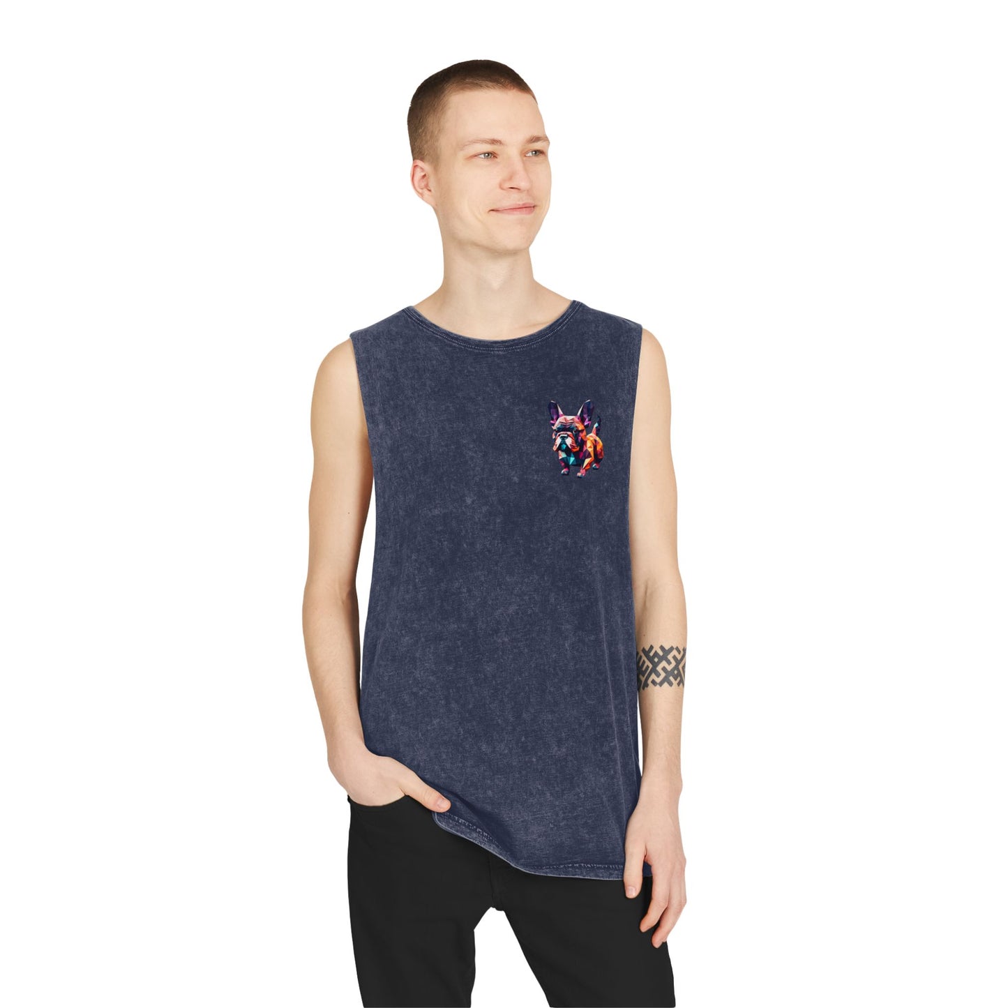 Polygon French Bulldog Stonewash Tank - Pocket & Large Back Print