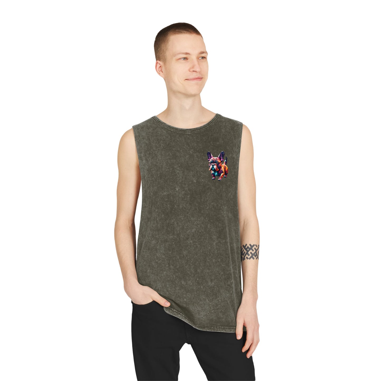 Polygon French Bulldog Stonewash Tank - Pocket & Large Back Print