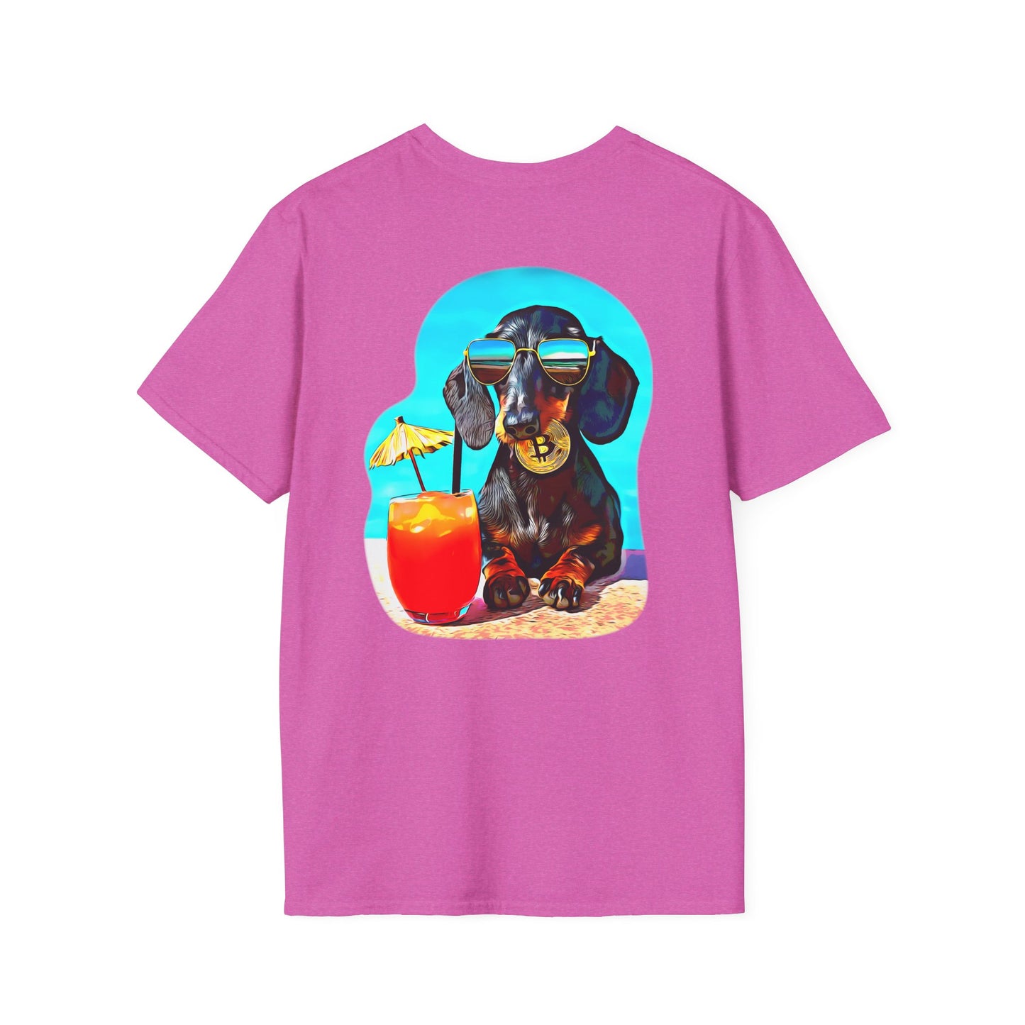 Bitcoin Dachshund Chillin Poolside T-Shirt - Pocket & Large Back Print