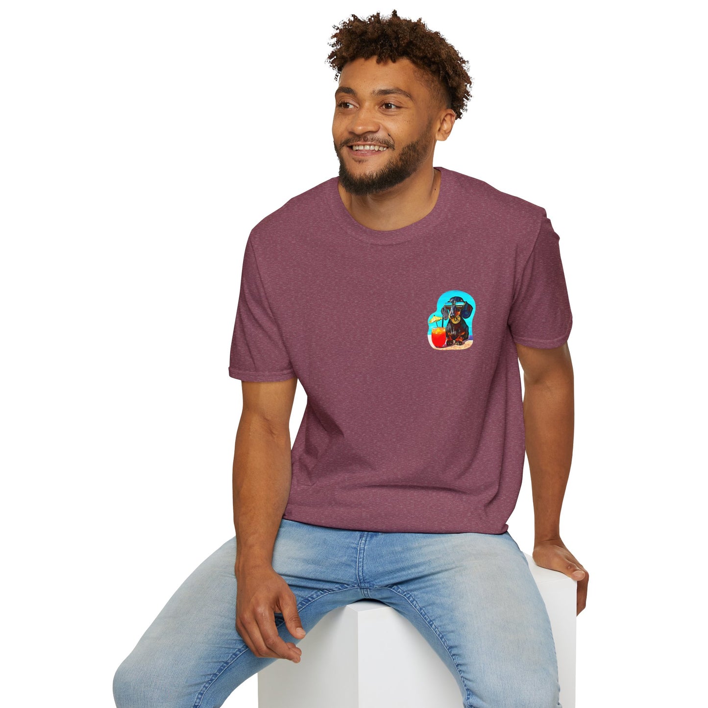 Bitcoin Dachshund Chillin Poolside T-Shirt - Pocket & Large Back Print