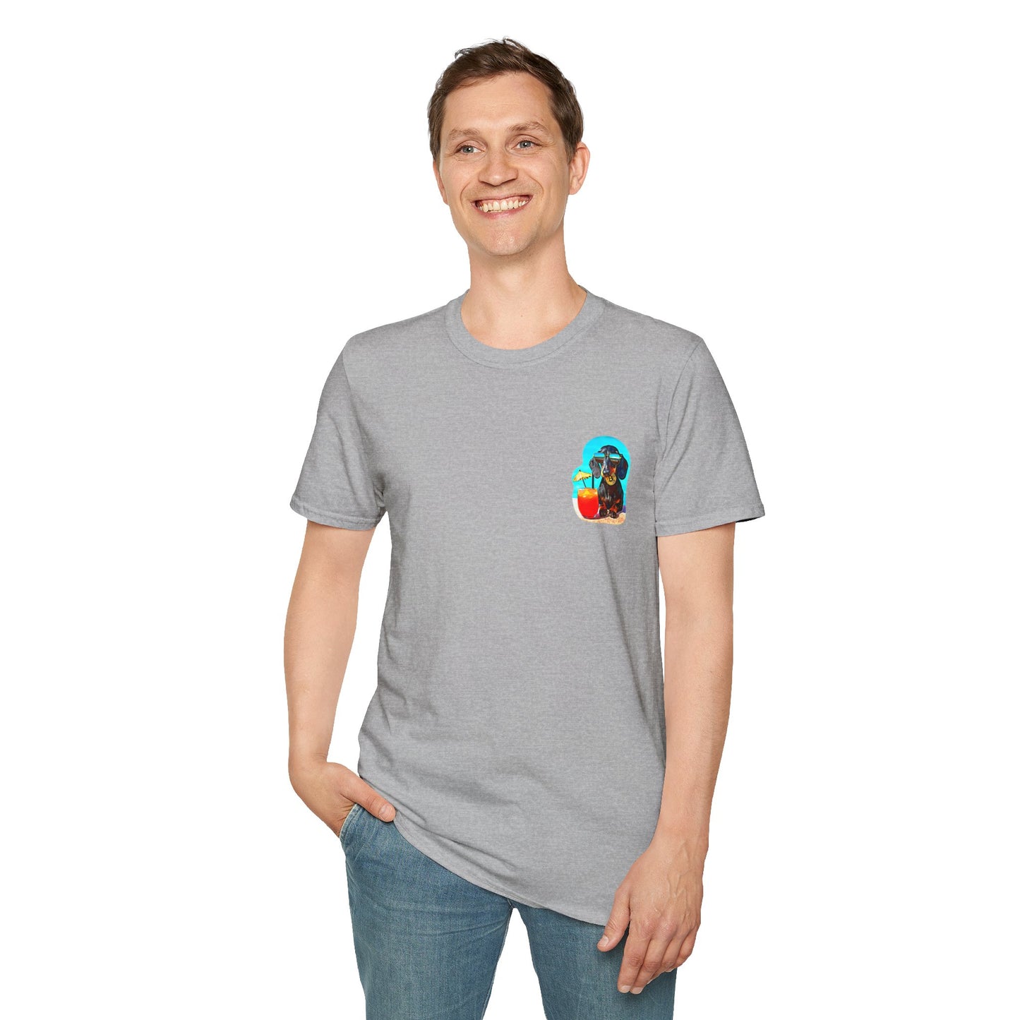 Bitcoin Dachshund Chillin Poolside T-Shirt - Pocket & Large Back Print
