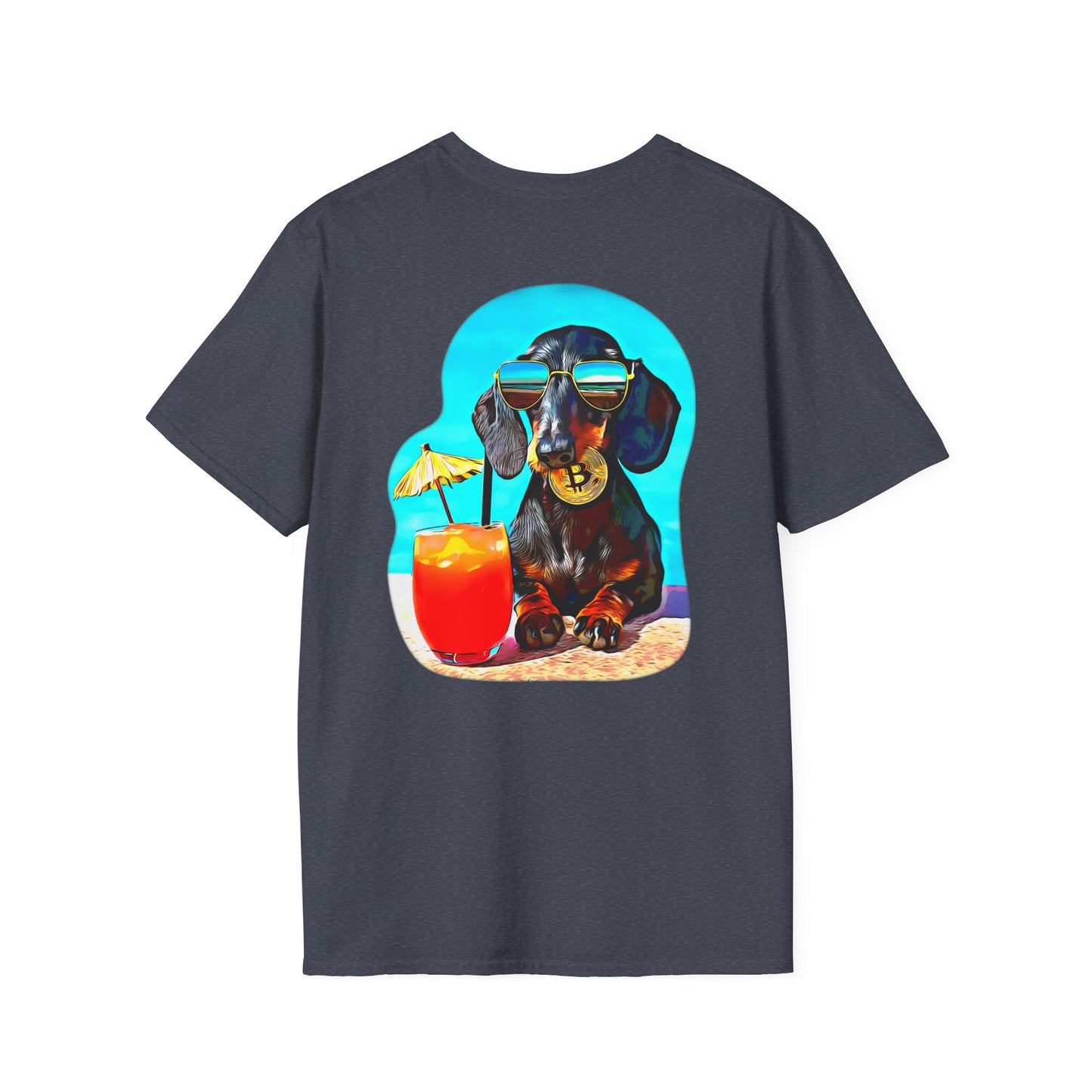 Bitcoin Dachshund Chillin Poolside T-Shirt - Pocket & Large Back Print