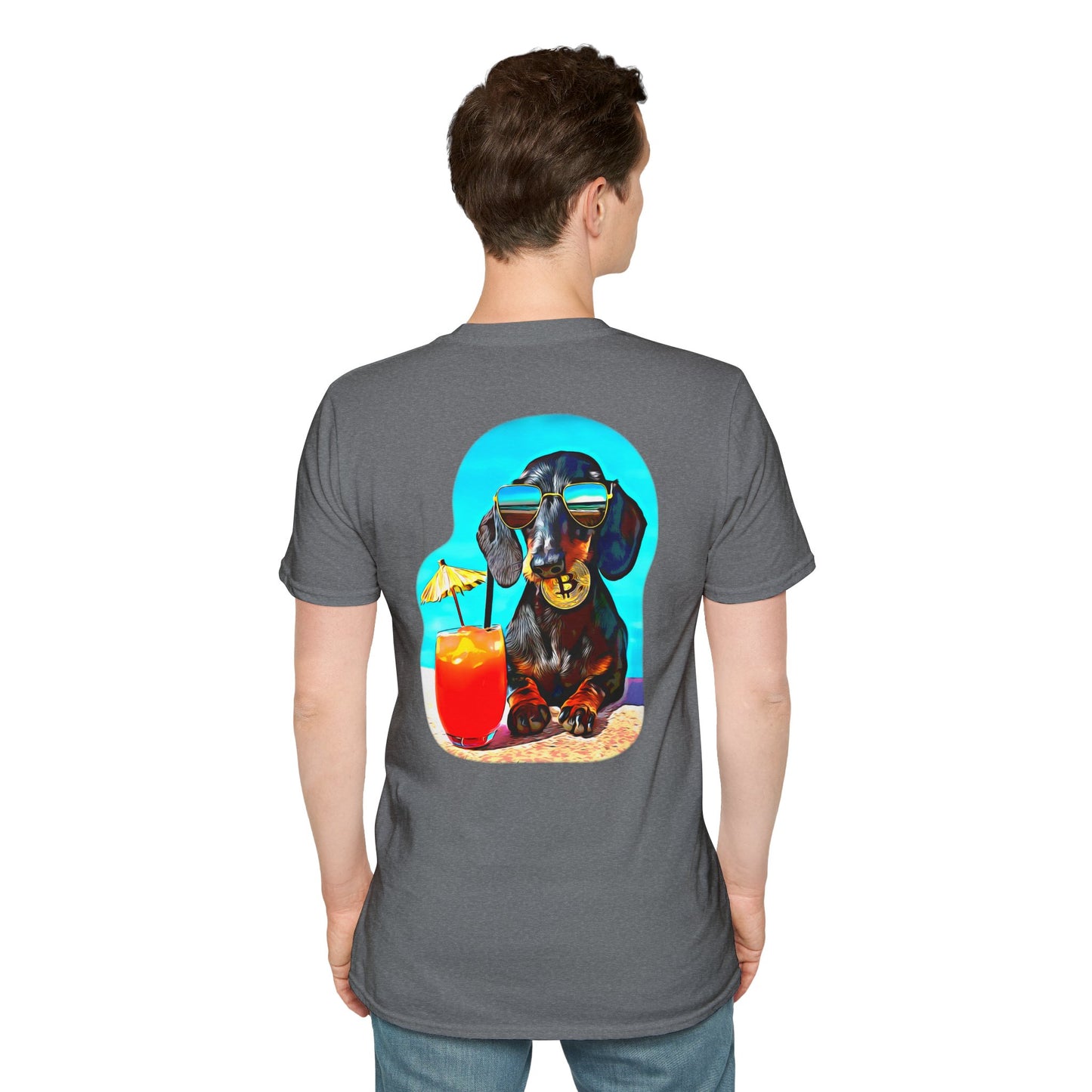 Bitcoin Dachshund Chillin Poolside T-Shirt - Pocket & Large Back Print