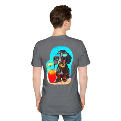 Bitcoin Dachshund Chillin Poolside T-Shirt - Pocket & Large Back Print